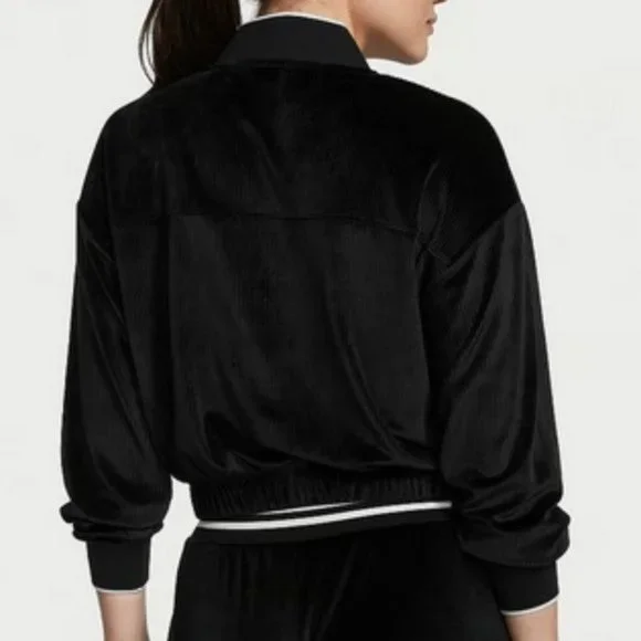 VICTORIA'S SECRET Black/White Velour Velvet Ribbed Bomber Jacket SZ XL**NEW! - Picture 2 of 7